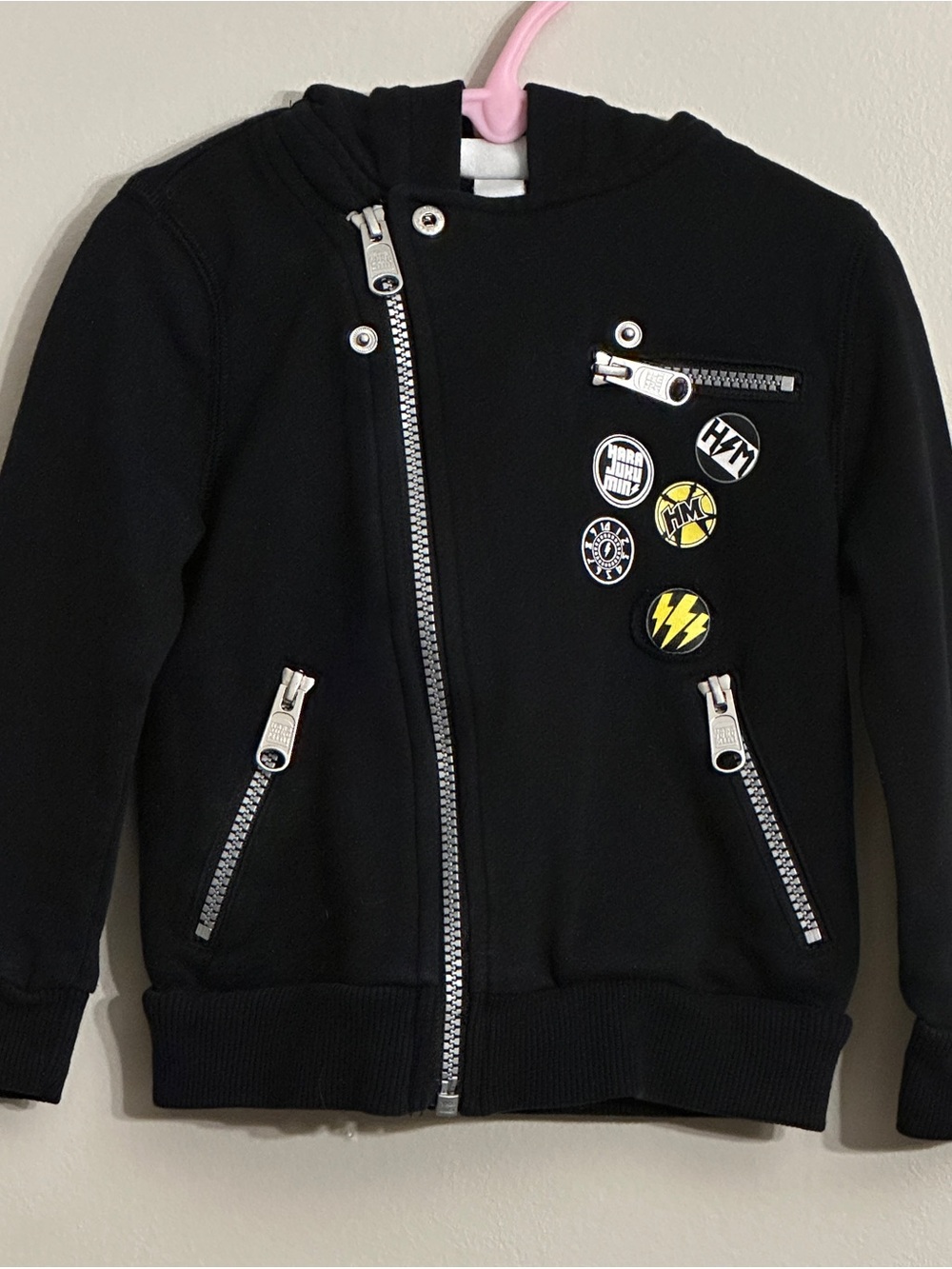 Harajuku Mini Black Hooded Zip Sweatshirt with Yellow Badge Details